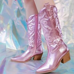 Boots Pink Cowboy Cowgirl Western Boots For Women Zip Embroidered Pointed Toe Stacked Heel Mid Calf Autumn Trendy Boots Shoes 230729
