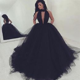 New Long Formal Dress Evening Wear Puffy Tulle Women Cocktail Party Gowns Custom Made Sexy Halter Backless Black Prom Dresses332E