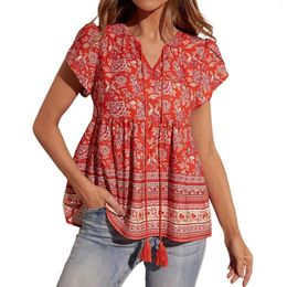 Women's Blouses Vintage Bohemian Printed V Neck Top Loose Short Sleeve Lace Up Simple And Delicate Design Sports Tee Vestido Feminino