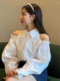 Women's Blouses Korean Fashion Off Shoulder White Shirt Turn-Down Collar Slim Designer Puff Sleeve Top Women Long Brand Casual