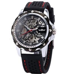 2022 New Winner Black Rubber Band Automatic Mechanical Skeleton Watch For Men Fashion Gear Wrist Watch Reloj Army Hombre Horloge314n