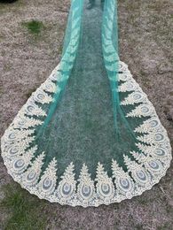 Bridal Veils Green Romantic Oval Veil Gold Lace Applique One Layer Cathedral Wedding Accessories Real Picture 1.5m Wide Customised
