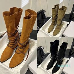 Boots Ankle Strap Lace Suede Tall Boot Women Plain toe Low heels high bootie Brwon Black Classic Design Dress Shoes Boots