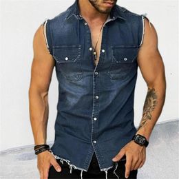 Men's Casual Shirts Fashion Men Summer Solid Colour Denim Single-Breasted Design Pocket Decor Turn-down Collar Sleeveless Slim Cardigan Top