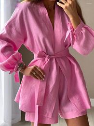 Women's Tracksuits Autumn Lace-Up Robes Tops Two Pieces Set Womens Casual Loose High Wiast Shorts Elegant Pink Home Suit With