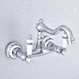 Bathroom Sink Faucets Chrome Wall Mounted Basin Bath Double Handle Dual Hole Washbasin Water Mixer Tap Nsf768