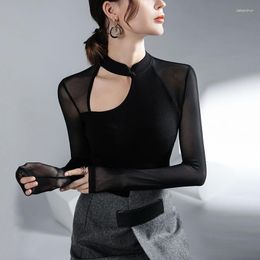 Women's Blouses 2023 Women Autumn Winter Sexy Black Half High Collar Shirt Female Long-sleeved Slim Tops Ladies Mesh Bottoming Shirts G395