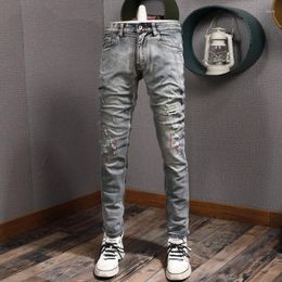Men's Jeans Fashion Vintage Men Retro Grey Blue Elastic Slim Ripped Embroidery Designer Trousers Trendy Denim Pants Hombre