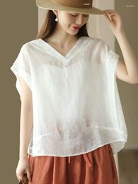 Women's Blouses Thin Pullover Summer Korean Linen Elegant Shirts Ladies Solid Casual Fashion V-neck Tops Female Classic Clothes