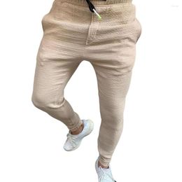 Men's Pants Men Ankle-banded Solid Colour Elastic Waist Drawstring Soft Sports Slim Fit Pockets Trousers For Going Out