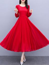 Casual Dresses 2023 Spring Summer Chiffon Midi Black Red Dress Eleganti Women Long Sleeve Fashion Party O-Neck Bodycon