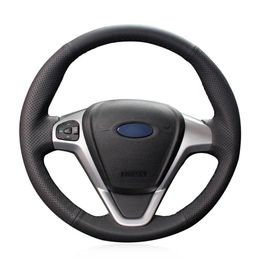 For Ford Fiesta 2008-13 hand-sewn steering wheel cover black artificial leather245F