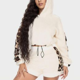 Women's Tracksuits Women Fleece Leopard Bear Ears Winter Suit Hem Lace Up Long Sleeves Short Hoodies Ladies Elastic High Waist Loose Trouse