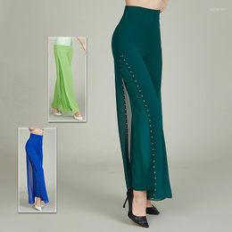 Stage Wear Modern Dance Pants Women's Summer Chiffon High-waisted Wide-leg Trousers Split Loose Diamond-studded Latin Clothes