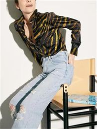 Camisas Femininas Femininas Blusa de Seda Estampada Zebra Marrom 2023 Senhoras Verão 2023 Gola Virada para Baixo Camisa Elegante Manga Longa Seio Simples