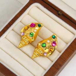 Backs Earrings AENSOA Vintage Colorful Resin Conch Ear Clip On For Women No Pierced Gold Color Metal Seashell Earings Baroque Jewelry