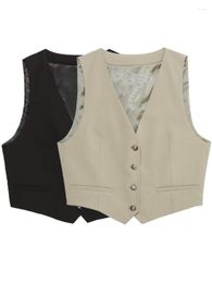 Women's Vests Fashion Front Button V Neck Sleeveless Cropped Vest Women Vintage Chic Fitted Waistcoat Set 2023 Casual Office Lady Outerwear