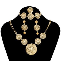 Necklace Earrings Set India Gold Color Hollow Out Round Pendant Fashion Bracelet Ring Charm Wedding Anniversary Birthday Gift