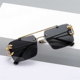 50% OFF Wholesale of Double beam frameless design Trimmed leopard head sunglasses New trend Wear Sunglasses for driving