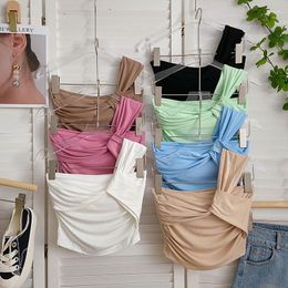 Women's Tanks Chic Tank Top Women Irregular Strap Ruched Crop Tops Folds Solid Colour Sleeveless Camis Female Korean Fashion Sweet Dropship