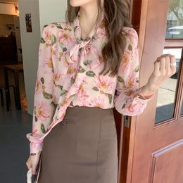 Womens Blouses Shirts Top Femme Spring Chiffon Shirt Floral Blouse Bow Tie Ribbon Longsleeved Shirt Vintage Clothes Women Blouse Pink Flowers 230729