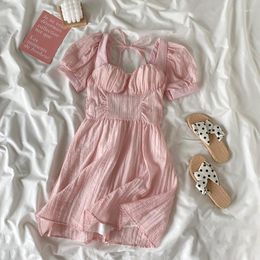 Casual Dresses Summer Puff Sleeve Dress For Women Fashion Backless Bandage Mini 2023 French Style Temperament Pink