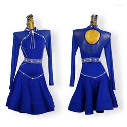 Stage Wear Blue Latin Dance Professional Competition Dress Long Sleeve Sexy Samba Show Clothes Practise Costume Ladies Short Skirt