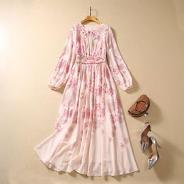 2023 Summer Pink Floral Print Ribbon Tie Bow Chiffon Dress Long Sleeve Round Neck Belted Long Maxi Casual Dresses A3Q191341 Plus Size XXL