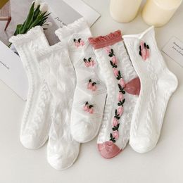 Women Socks 5 Pairs Cute Ruffle Edge Dress Lolita Summer Sweet Girl Cotton White Mid Length Breathable Accessories