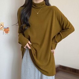 Women's Sweaters High Collar Long Sleeve T-shirt Women Autumn Winter Brushed Loose Inner Tshirt Female White Casual Large Brown Tops