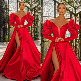 Elegant Red A Line Evening Dresses V Neck Sleeves Party Prom Sweep Train Long Dress For Red Carpet Special Ocn