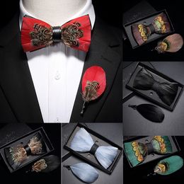 Neck Ties Ricnais Natural Men's Brid Feather Bow Tie Exquisite Hand Made Bowtie Brooch Pin Gift Box Set For Men Wedding Party Accessories 230728