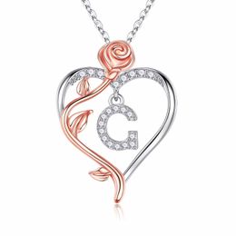 Iefil Rose Heart Necklaces Gifts for Women,925 Sterling Silver Rose Love Heart Initial Letter Pendant Necklace Jewelry Mothers Day Valentines D43221