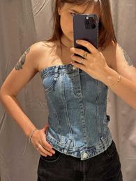 Women's Tanks Denim Sexy Women Short Camisole Strapless Zipper Elastic Waist Cropped Tube Tops Female Elegant Streetwear Ladies Corsets