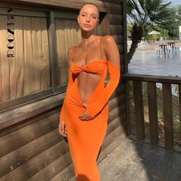 Casual Dresses BoozRey Elegant Halter Low Cut Hollow Long Sleeve Maxi Dress For Women Orange Bodycon Backless Party Club Evening Outfit