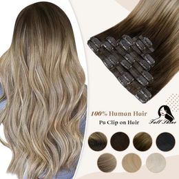 Lace Full Shine Seamless Clip in Hair s Human 8Pcs 100g PU Tape In Ombre Blonde Colour Skin Weft 230728