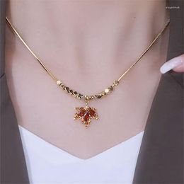 Pendant Necklaces Fashionable And Exquisite Red Steel Titanium Necklace Retro Leaves Dancing In The Wind Free Easy