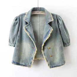 Womens Jackets Short Sleeve Denim Jacket Women Vintage Tassel Autumn Crop Jeans Coats Harajuku Korean Turndown Collar Button Casual Outwear 230729