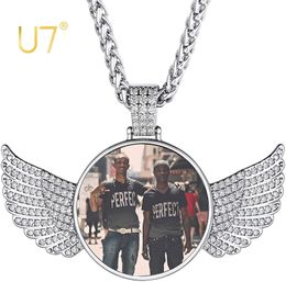 Pendant Necklaces U7 Hip Hop Jewelry Custom Po Necklace Iced Out Pendant Angle Wing Round Medal Personalized with Picture Gift for Rapper 230728