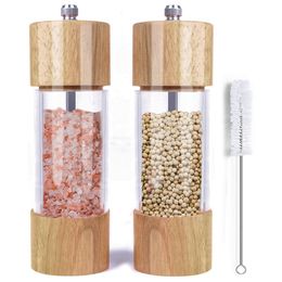 Mills Wooden Salt and Pepper Grinder Set Manual with Acrylic Visible Window Cleaning Brush 2 Pack 230728