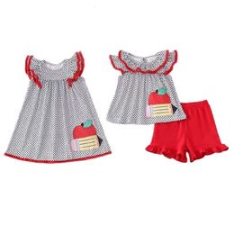 Girl's Dresses Girlymax Back To School Summer Baby Girls Sibling Boutique Clothes Dots Pom pom Apple Embroidery Dress Shorts Set 230728