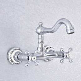 Bathroom Sink Faucets Polished Chrome Brass Dual Handle Duals Hole Basin Faucet Wall Mounted Swivel Spout Kitchen Mixer Tap Dsf786