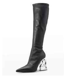 Winter Brands Keira Pop Heel Leather Boots Baraque Heels Silver-tone Logo Lettering Long Knee Boot Black Stretch leather Pointed toe Booty Autumn Winter EU35-43