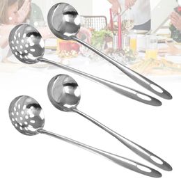 Disposable Flatware Soup Spoon Cooking Utensil Set: Long Stainless Steel Mirror Finish Ladle And Slotted For Home