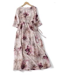 Casual Dresses Printed Short Sleeve Drawstring A-Line Sundress With Pockets Robe Elegant Age-Reduced Cotton For Women 2023 Flower