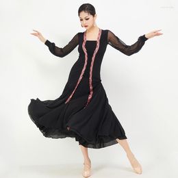 Stage Wear 2023 Ballroom Dance Dress For Women Long Sleeved Mesh National Standard Waltz Tango Latin Female Modern DN15375