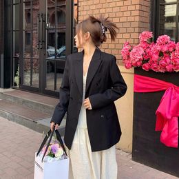 Women's Suits Spring Summer Double-breasted Suit Jacket Women Coat Black Navy Blue Notched Collar Long Sleeve Female Slim Blazer Outerwear