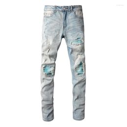 Men's Jeans Arrivals Light Blue Slim Fit Steetwear Style Bandana Patchwork Skinny Stretch High Street Distressed Ripped