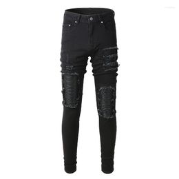 Men's Jeans Street Fashion Men Black Slim Fit Stretch Ripped Punk Trousers Leather Patch Designer Hip Hop Brand Pants Hombre