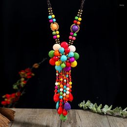 Pendant Necklaces Women's Retro Ethnic Style Turquoise Flower Long Necklace Versatile Tassel Sweater Chain Wearing Matching Accessories